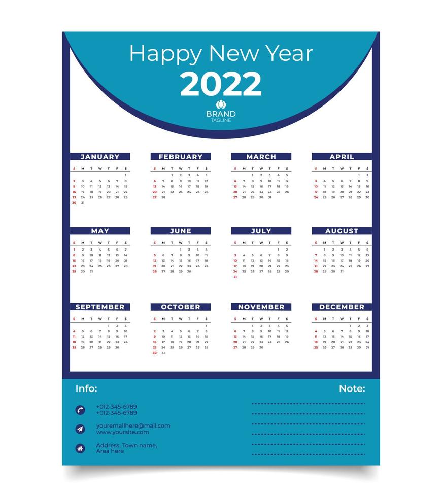 modelo de design de calendário. design de calendário de parede 2022 ano. vetor