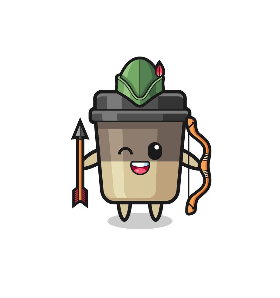desenho de xícara de café como mascote arqueiro medieval vetor
