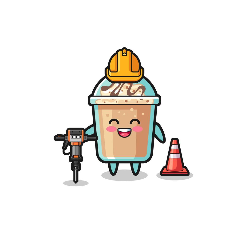 mascote trabalhador da estrada de milkshake segurando a máquina de perfuração vetor