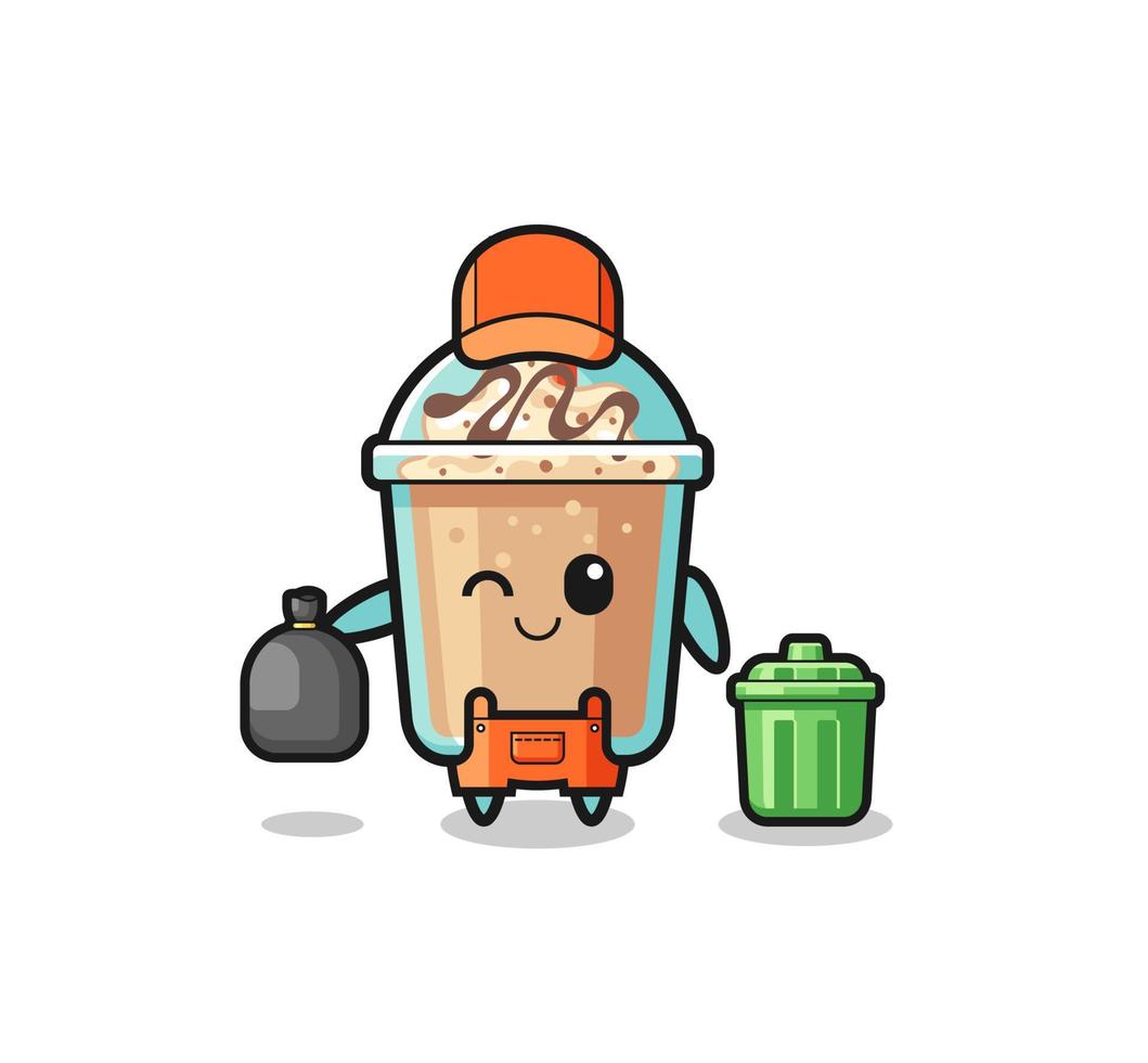 o mascote do milkshake fofo como coletor de lixo vetor