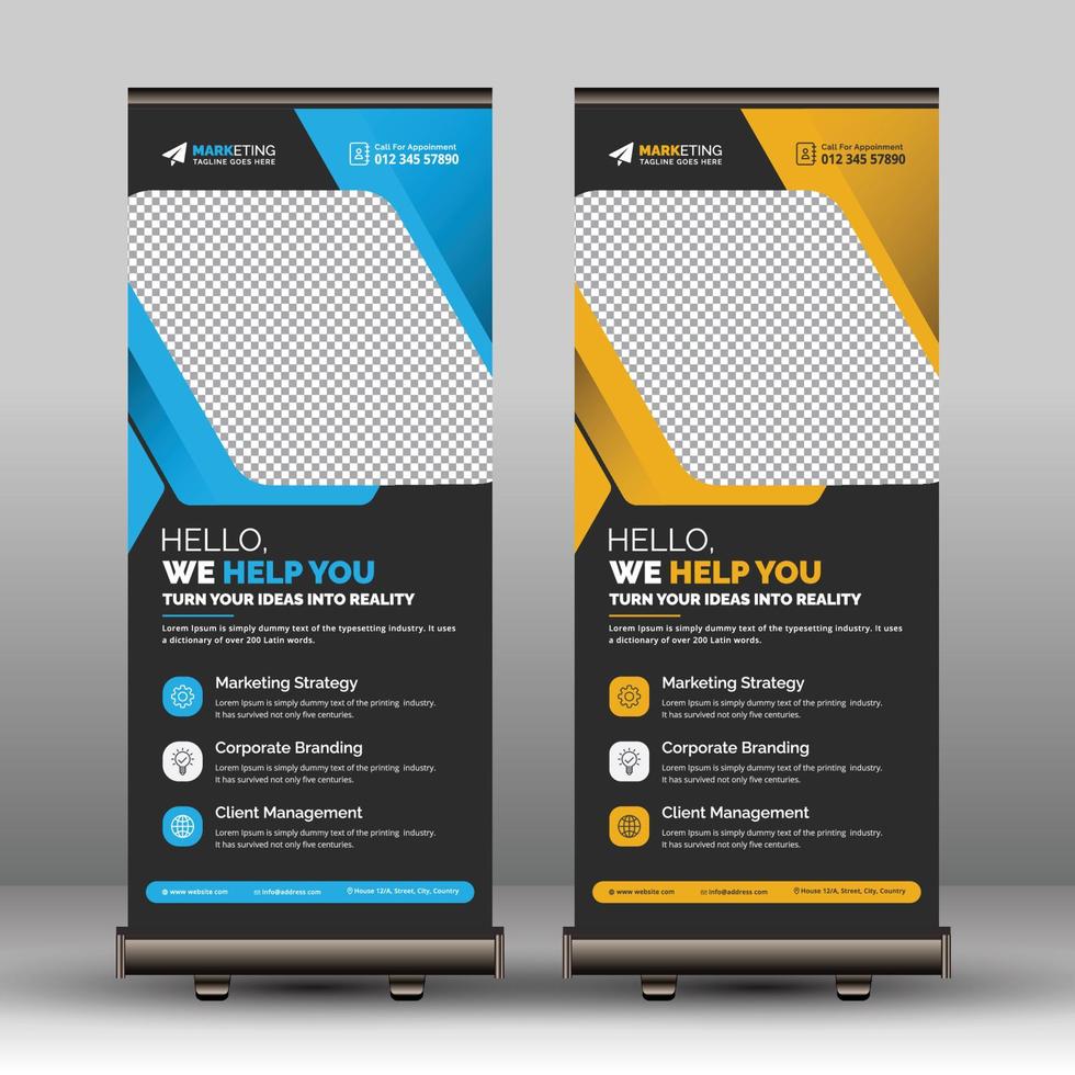 modelo de design de banner de enrolar criativo corporativo, layout de standee de sinalização de banner exclusivo e moderno vetor