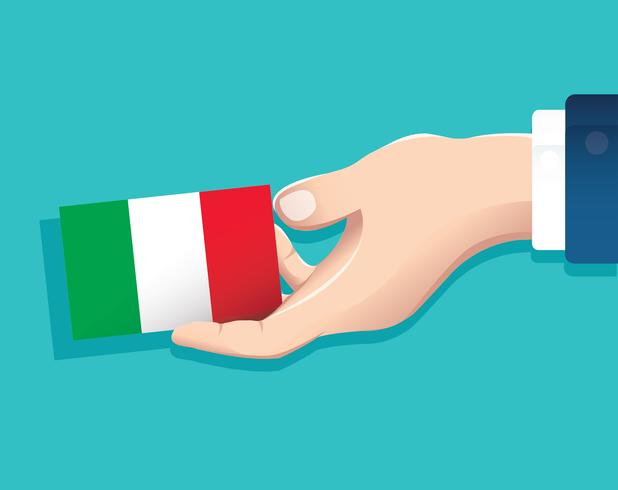mão segurando o cartão de bandeira de Itália com fundo azul vetor