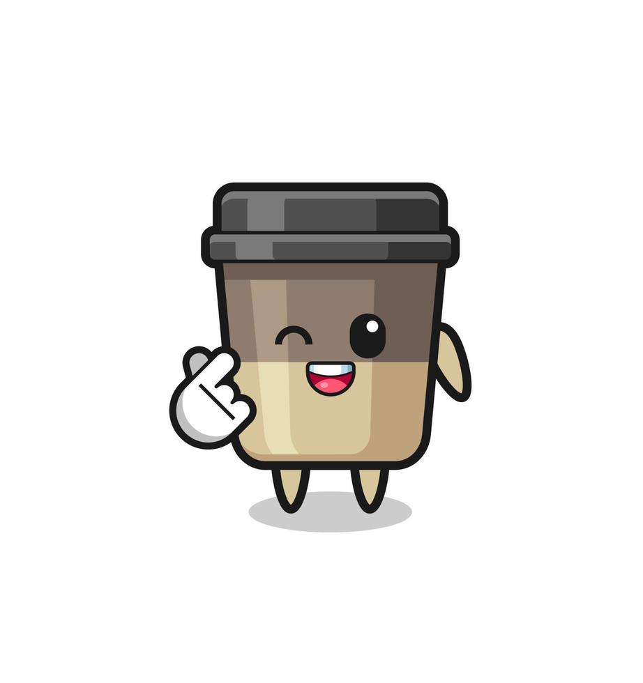 personagem de xícara de café fazendo coração de dedo coreano vetor