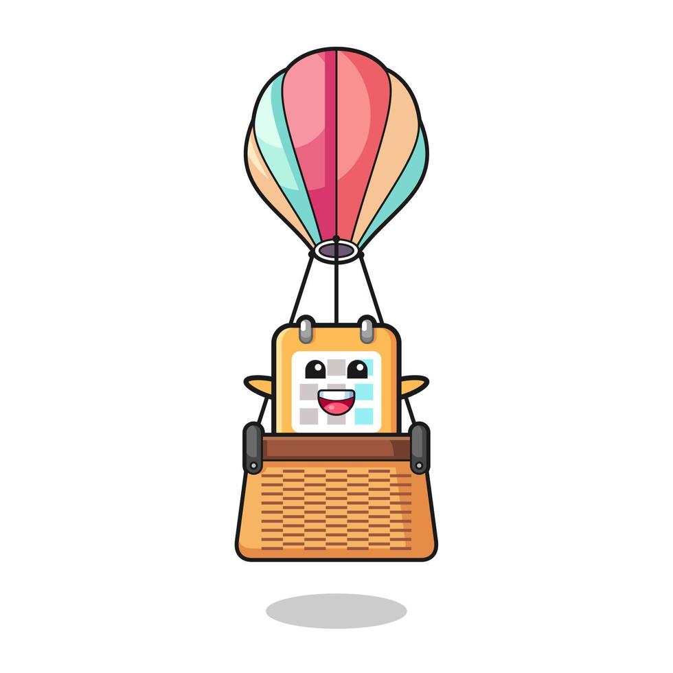 mascote do calendário montando um balão de ar quente vetor