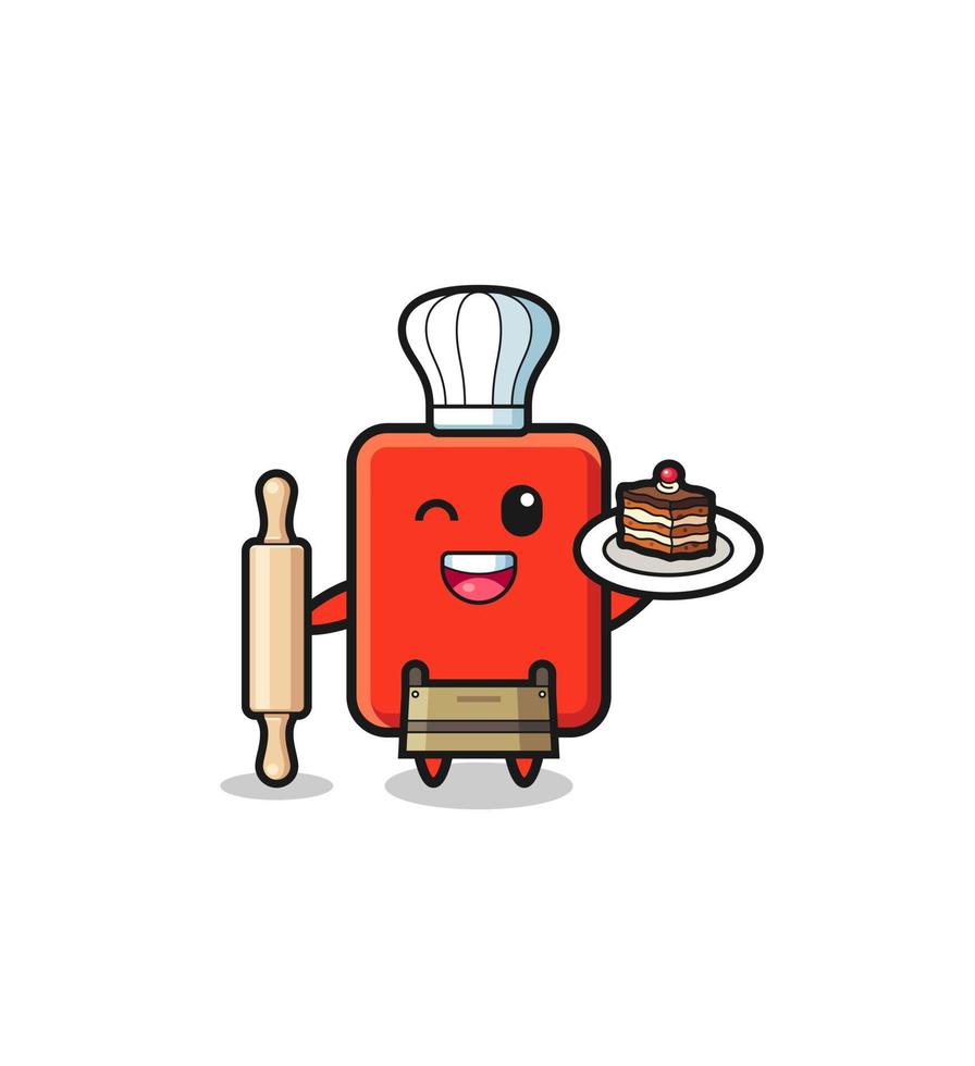 cartão vermelho como mascote do chef de pastelaria segura o rolo vetor