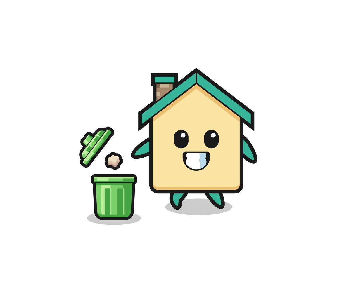 ilustração da casa jogando lixo na lixeira vetor