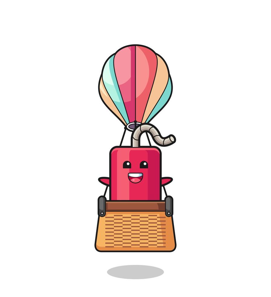 mascote dinamite montando um balão de ar quente vetor