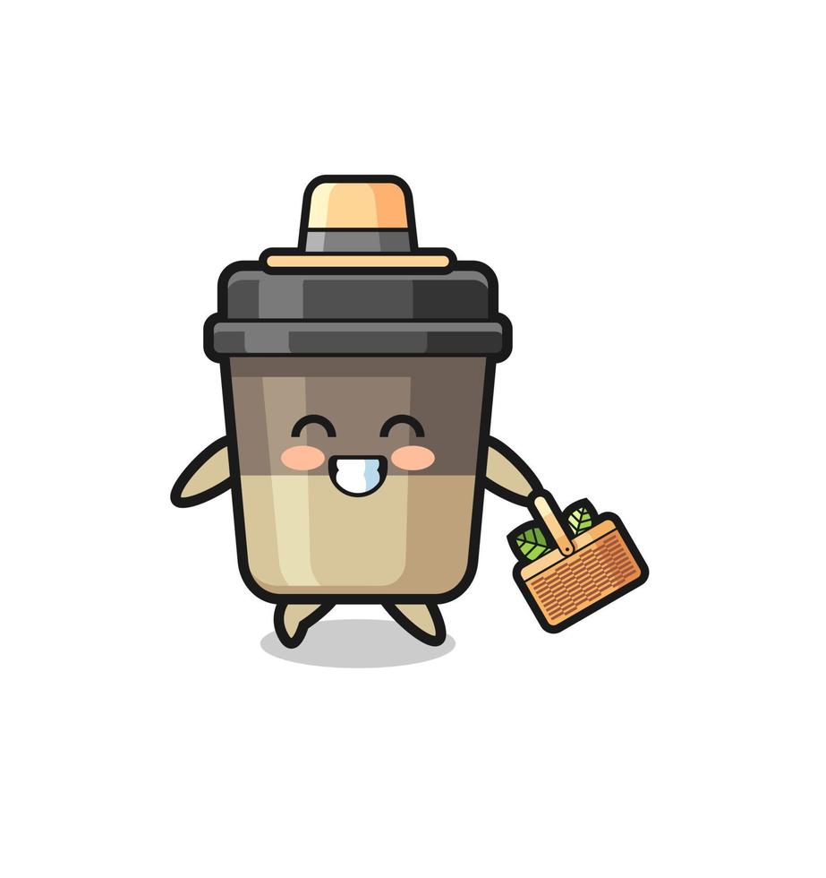personagem de herbalista de xícara de café procurando uma erva vetor