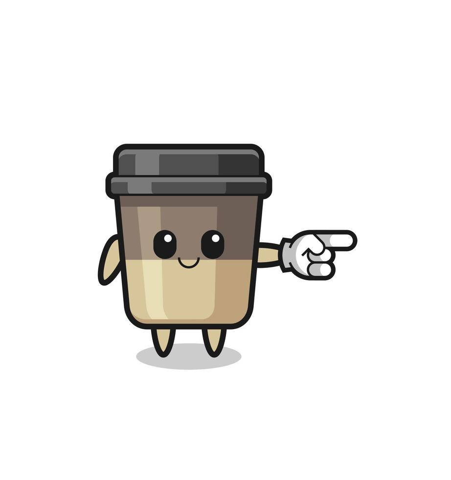 mascote de xícara de café com gesto certo apontando vetor