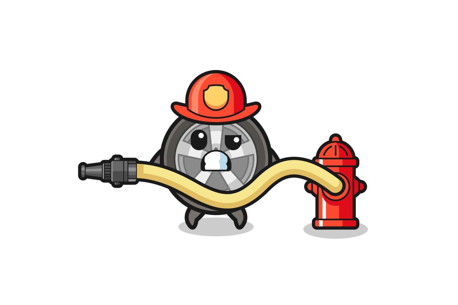 desenho de roda de carro como mascote de bombeiro com mangueira de água vetor