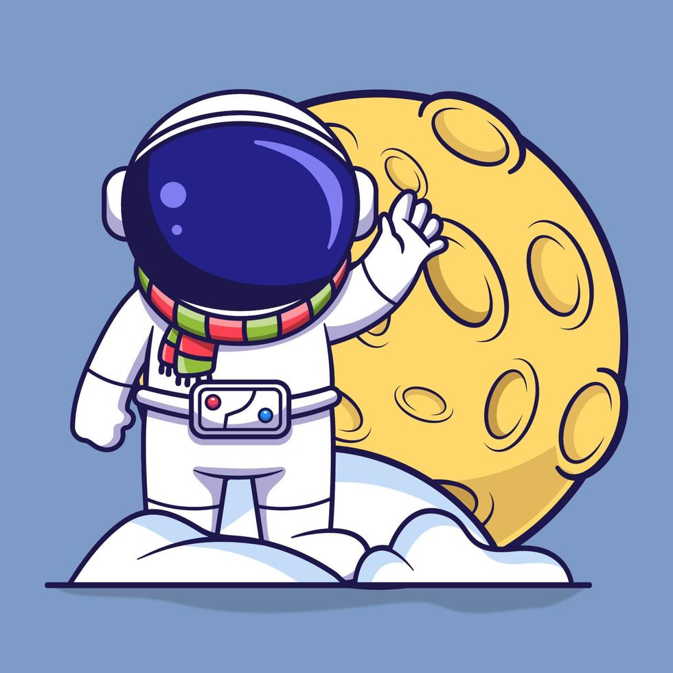 personagem de astronauta fofo em pé sobre uma pilha de neve e lua. ilustração de estilo cartoon plana vetor