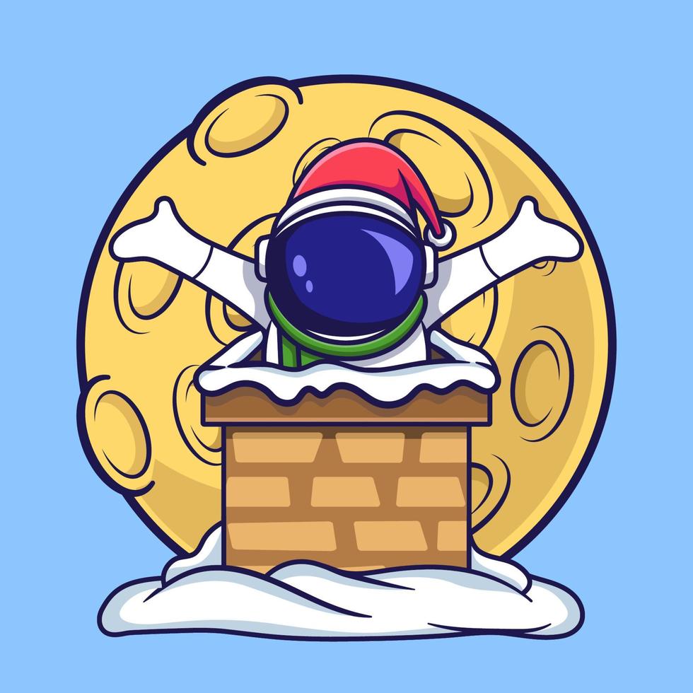 personagem de natal de astronauta fofo entrou na chaminé da casa. estilo de desenho animado plano vetor