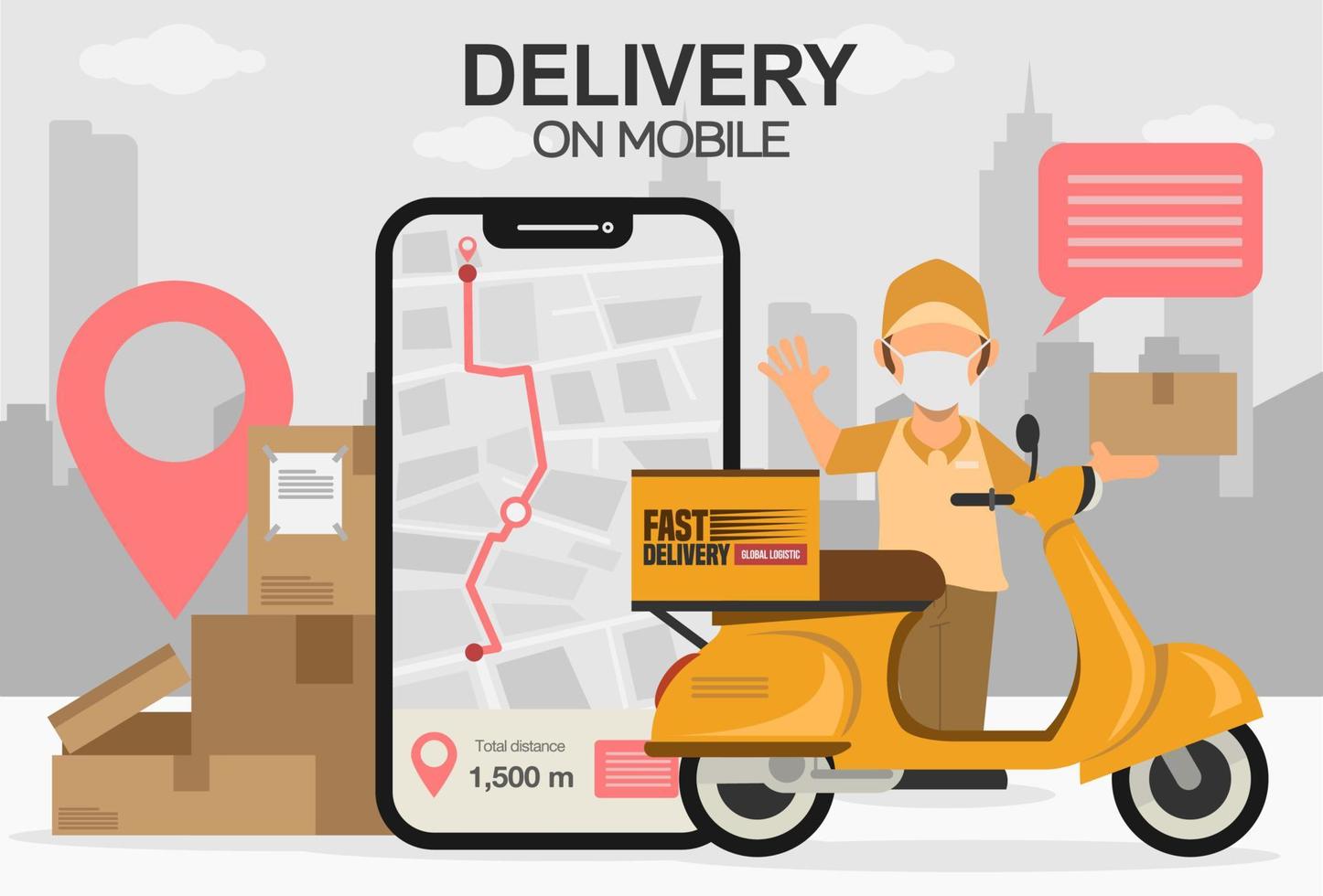 entrega rápida por scooter no celular. site de concept.delivery serviço de entrega online, banner, plano de fundo, aplicação, cartaz, na ilustração mobile.vector. horizonte da cidade ao fundo vetor