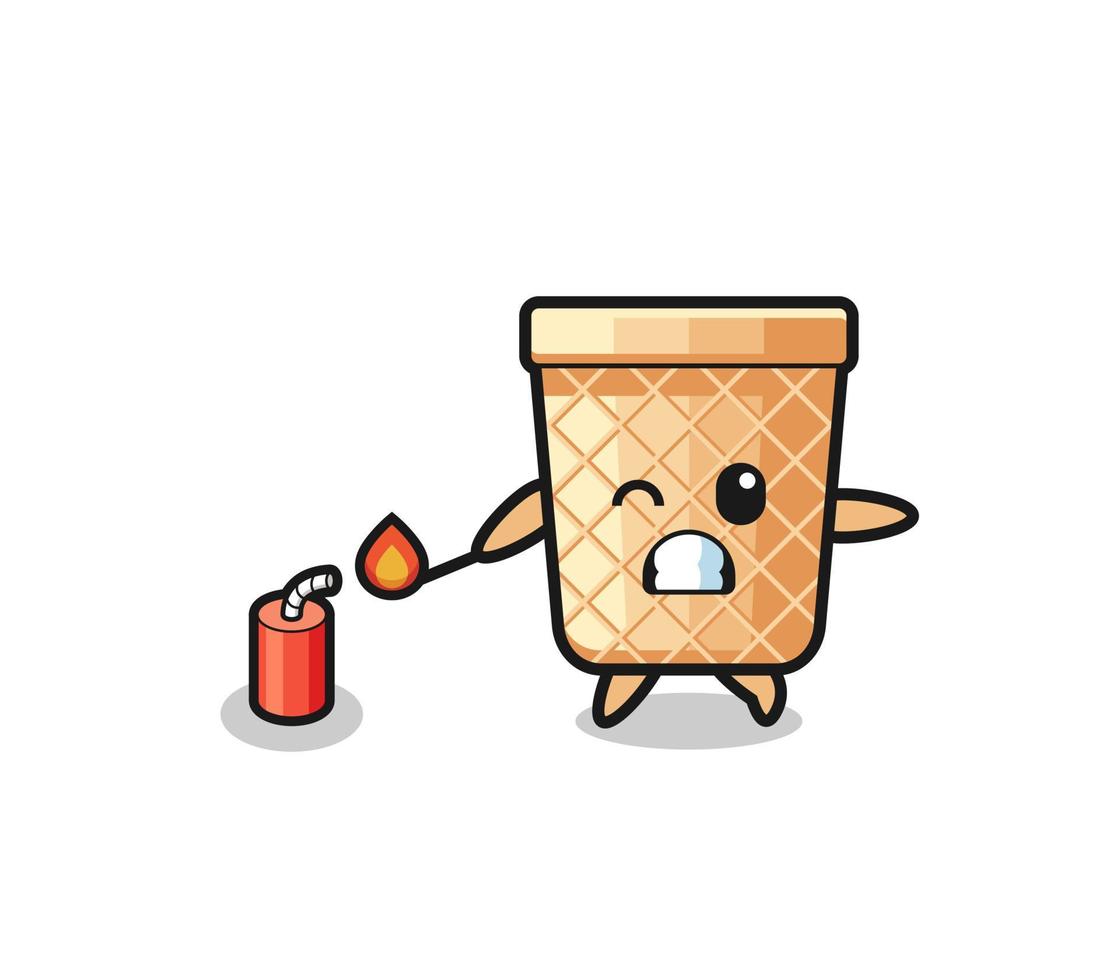 ilustração de mascote de cone de waffle jogando fogos de artifício vetor