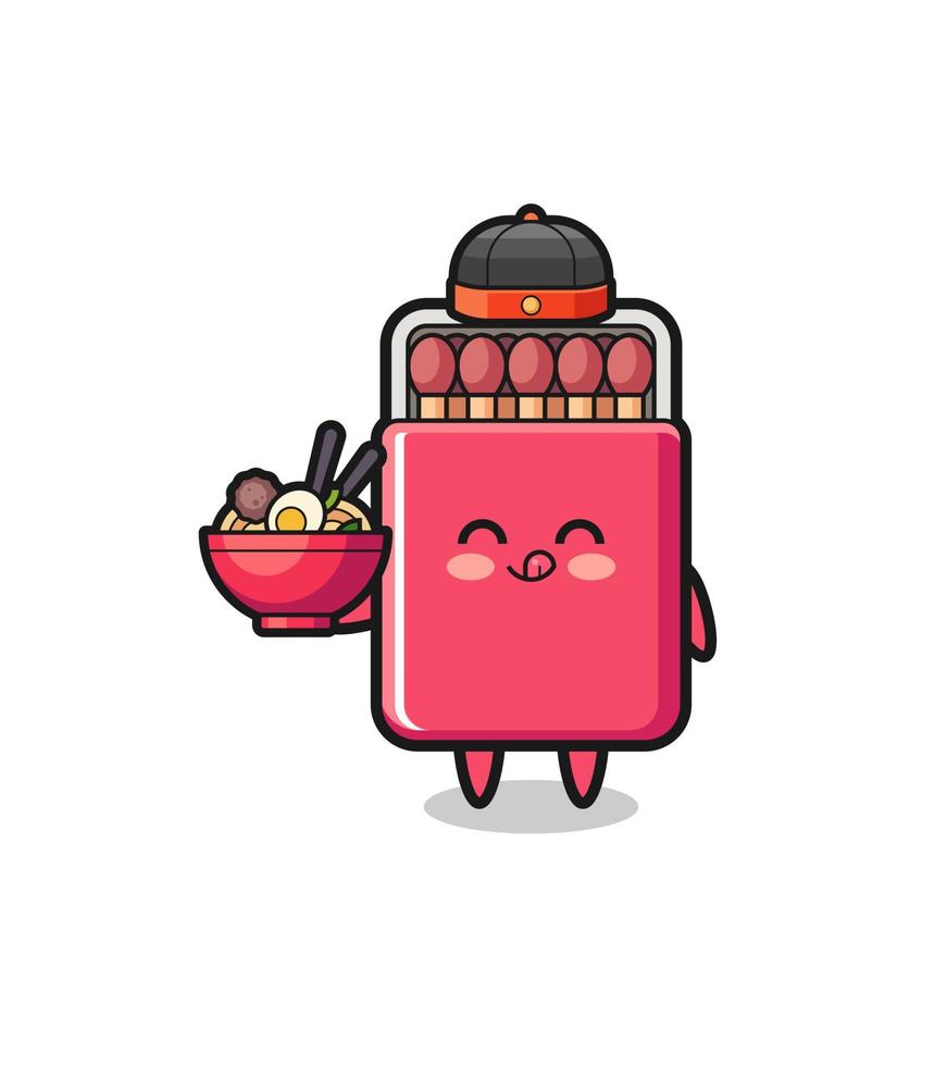 caixa de fósforos como mascote do chef chinês segurando uma tigela de macarrão vetor