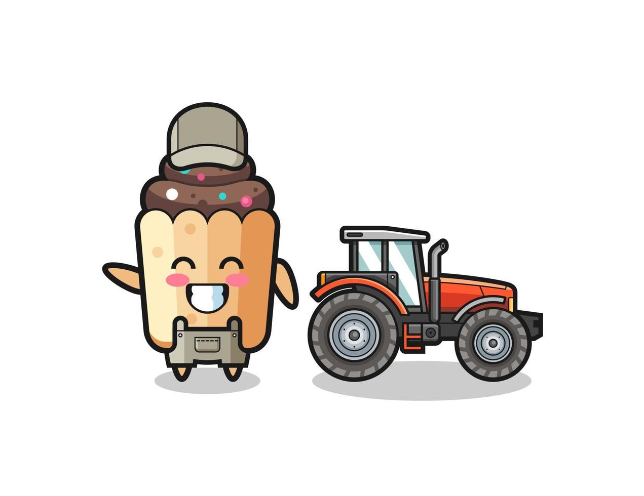 o mascote do agricultor de cupcake ao lado de um trator vetor