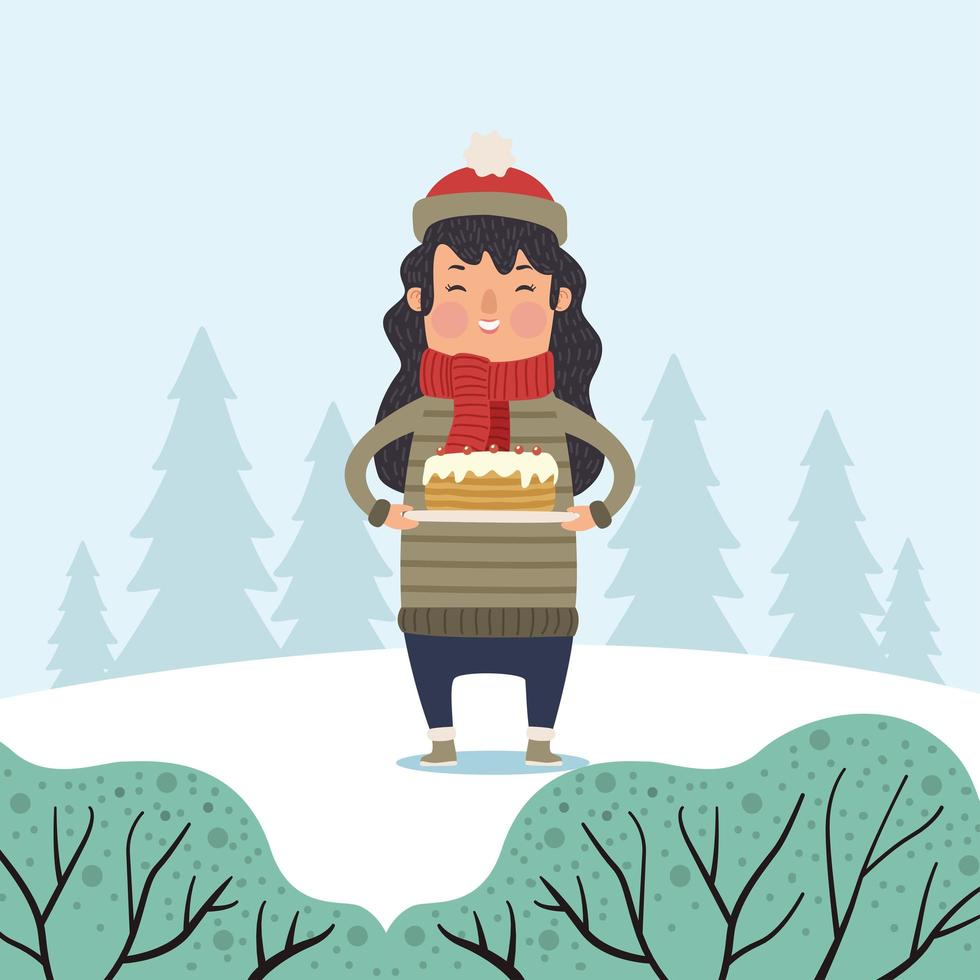 mulher com bolo na neve vetor
