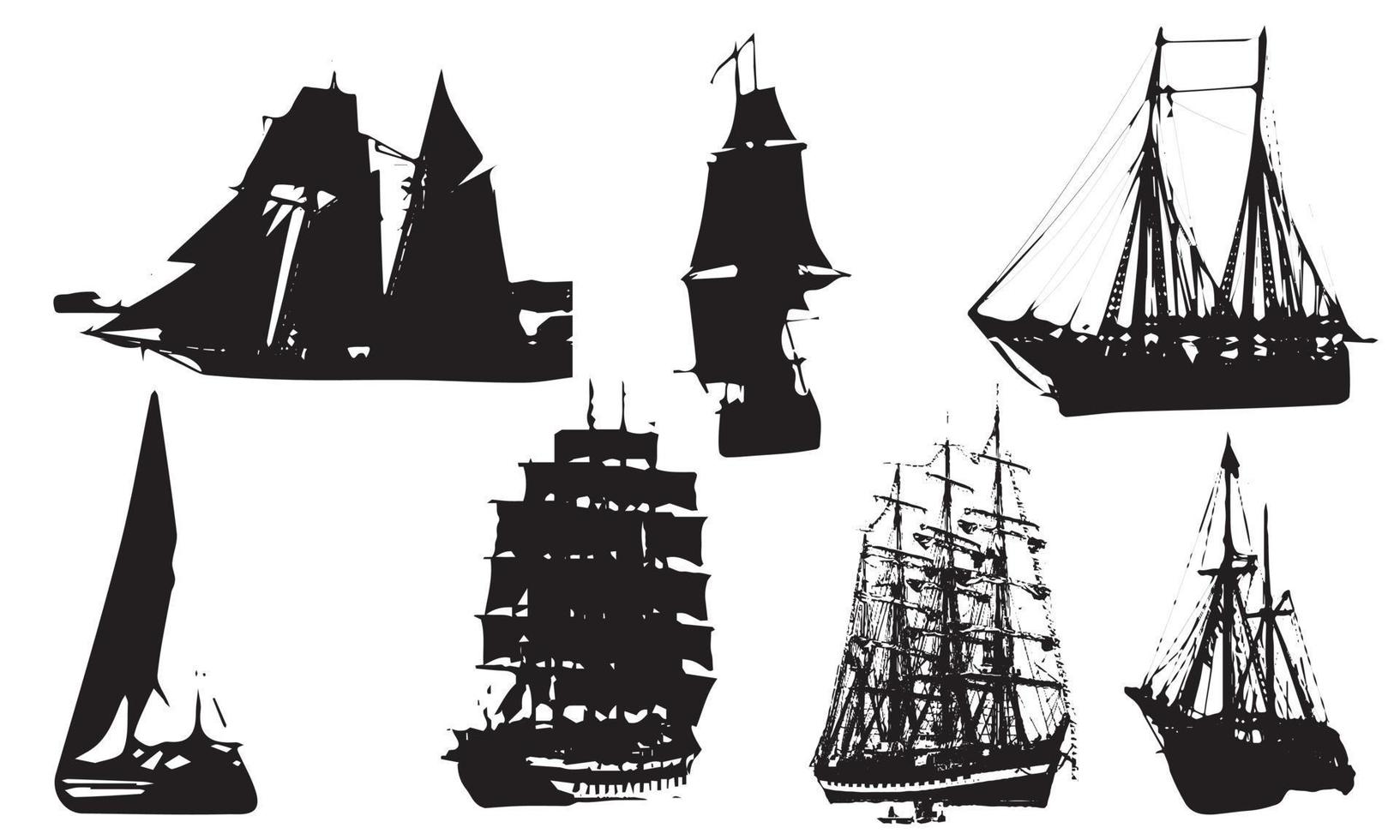conjunto de vetores desenhados à mão de veleiros vintage no fundo preto e branco do mar