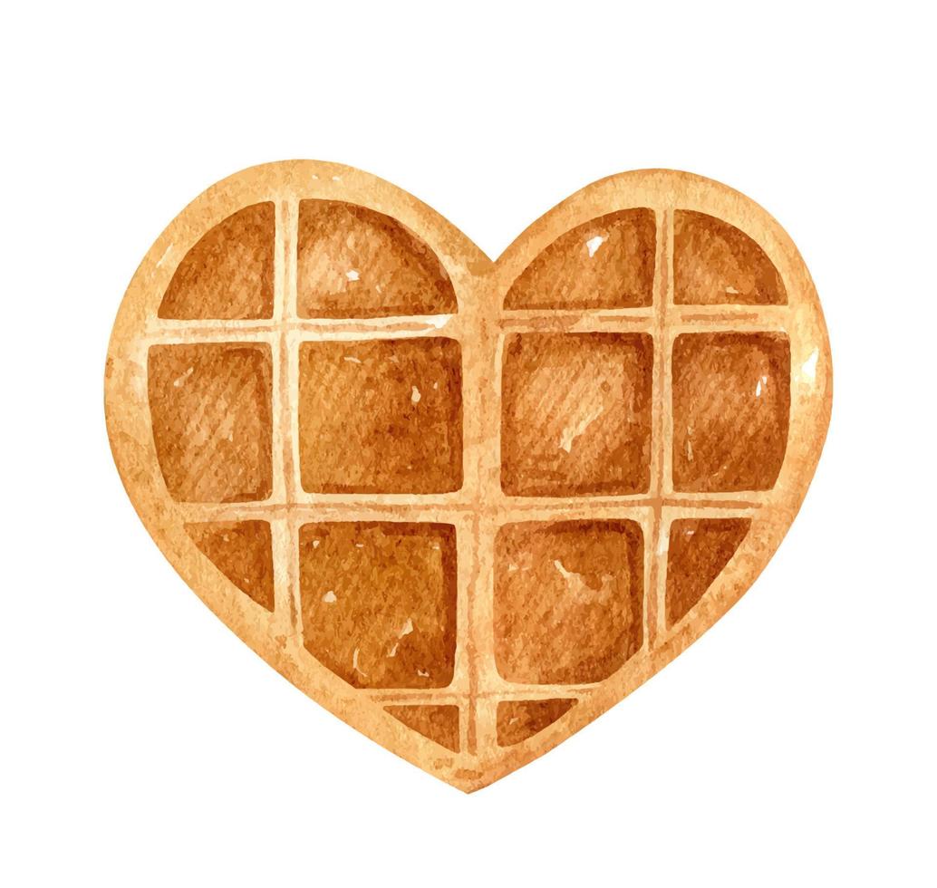 waffle belga em forma de coração isolado no fundo branco. sobremesa para o dia dos namorados. ilustração desenhada à mão em aquarela. perfeito para cartões postais, seus projetos, menu, decorações. vetor