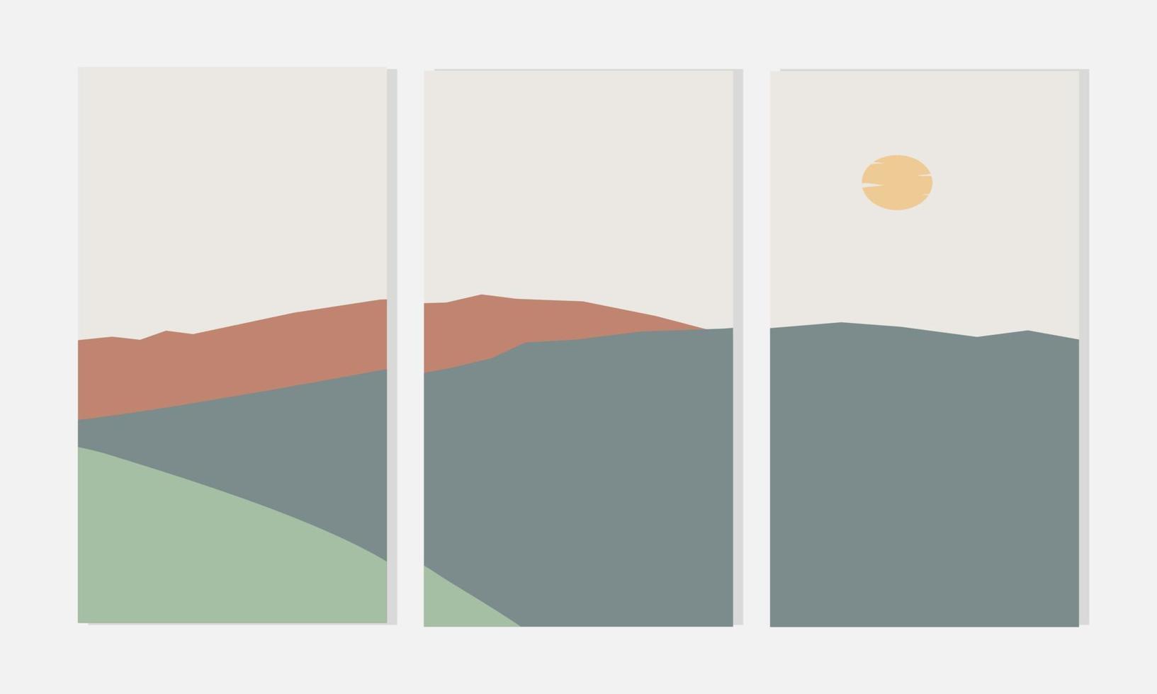 conjunto de fundos abstratos de cartazes estéticos minimalistas com montanhas e paisagem marítima. vetor