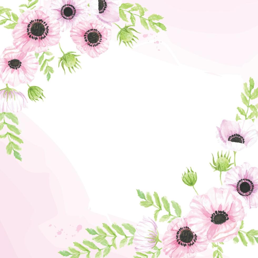 fundo de banner quadrado de buquê de flores de anêmona desenhado à mão em aquarela vetor