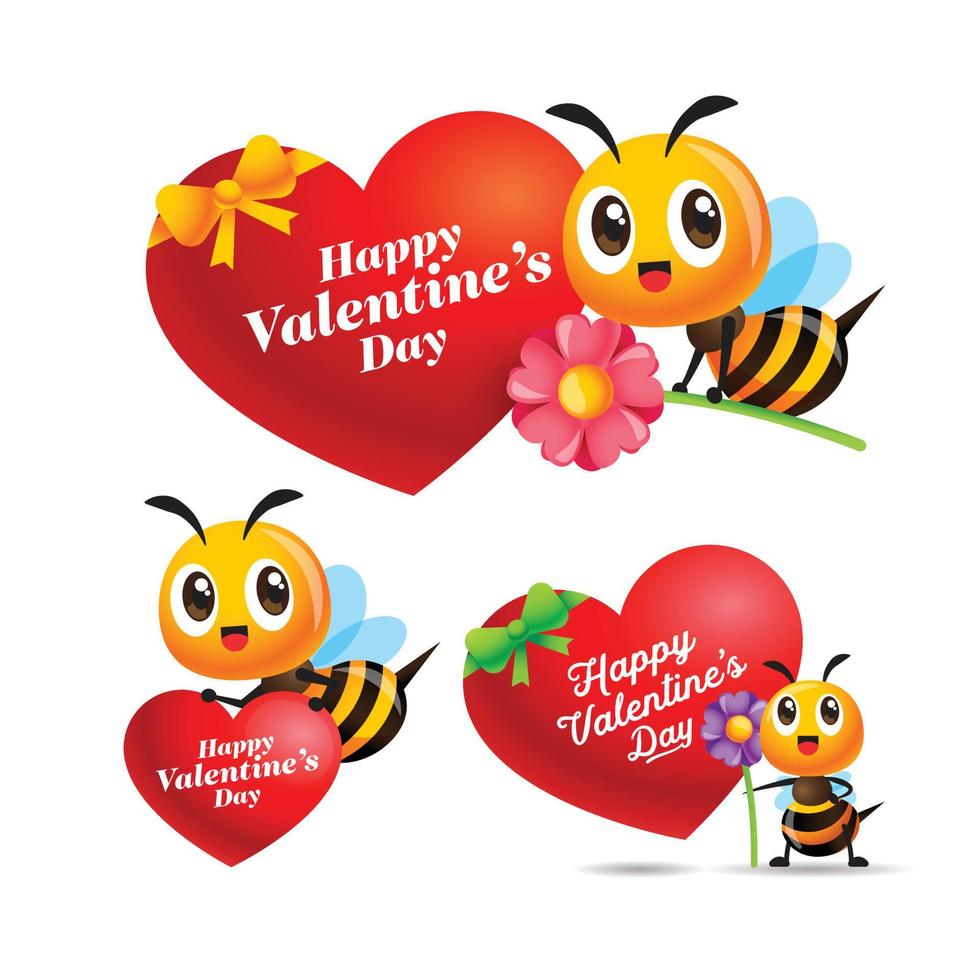 feliz Dia dos namorados. coleção de abelha bonito dos desenhos animados com grande forma de amor. saudação de dia dos namorados em forma de coração. mascote de personagens vetor