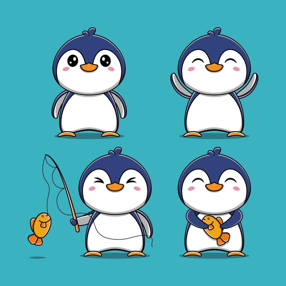 coleção de pinguim fofo com ilustração de vara de pescar vetor