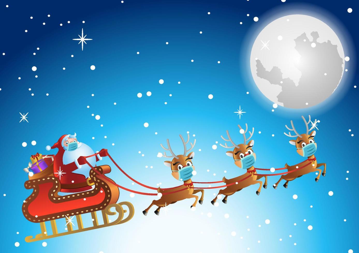 papai noel e rena usam máscara e voam no céu na noite de natal para enviar presente para as pessoas vetor