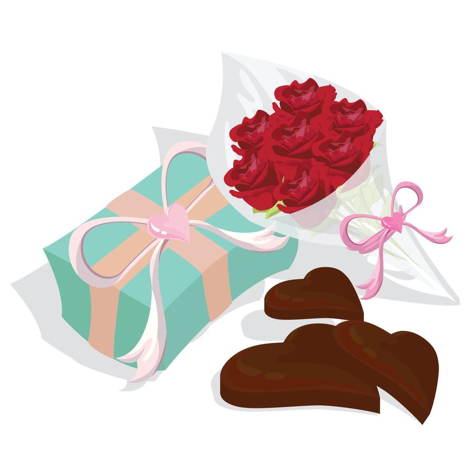 caixa de presente de dia dos namorados com corações vermelhos, bolo de chocolate e rosas em fundo rosa. vetor