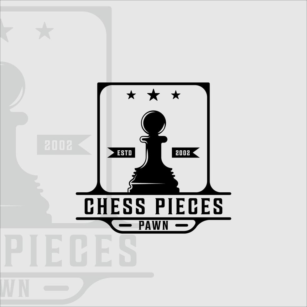 xadrez e peão peça logotipo ilustração vetorial vintage modelo ícone design gráfico. sinal retrô ou símbolo para torneio de xadrez ou clube com conceito de distintivo preto e branco vetor