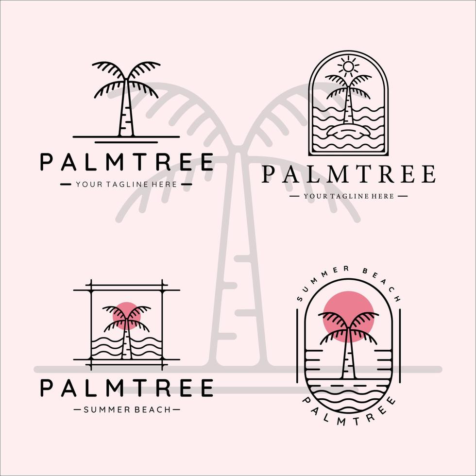 conjunto de palmeira linha arte logotipo simples ilustração vetorial minimalista modelo ícone design gráfico. coleção de pacote de várias plantas tropicais na praia com onda oceano e tipografia distintivo vetor