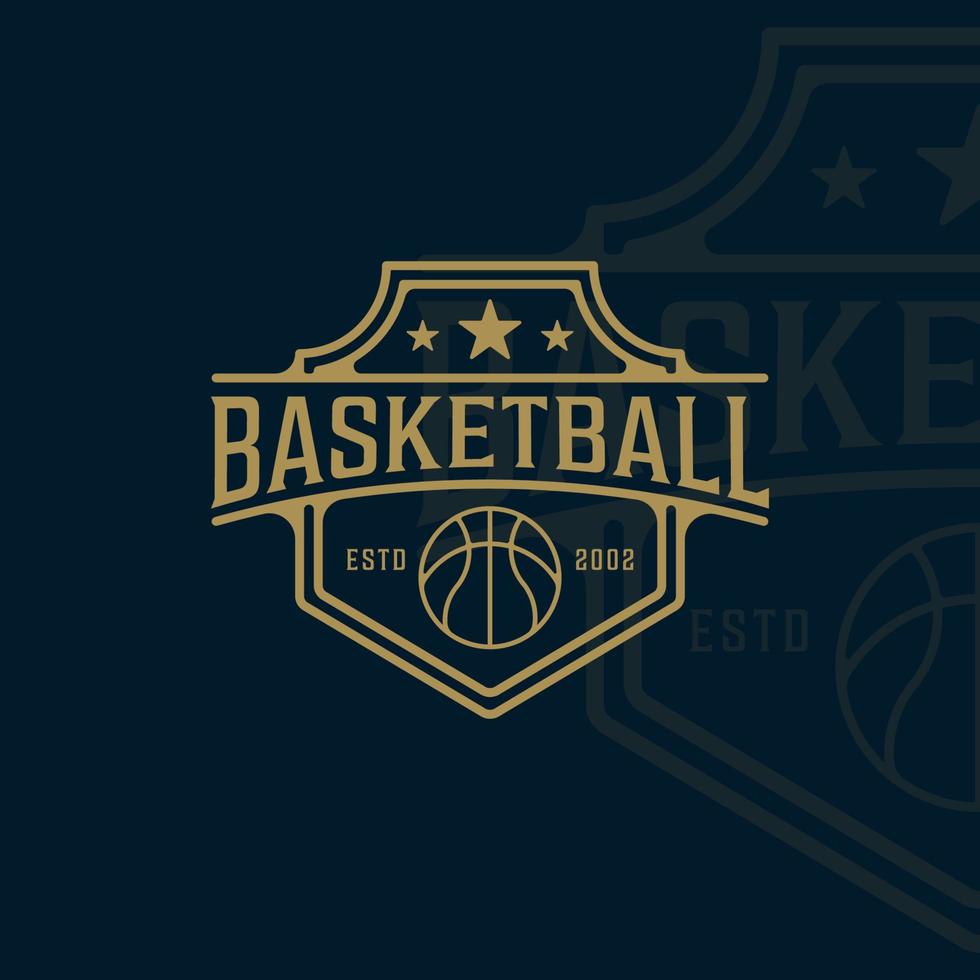 basquete logotipo linha arte ilustração vetorial simples modelo ícone design gráfico. sinal esportivo ou símbolo para o conceito de liga e competição de equipe ou clube com estilo de crachá e tipografia vetor