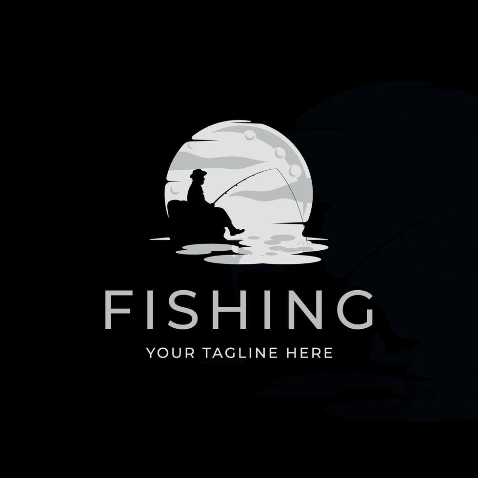 homem silhueta pescando no logotipo da lua ilustração vetorial modelo ícone design gráfico. logotipo de pesca criativo no mar e oceano vetor