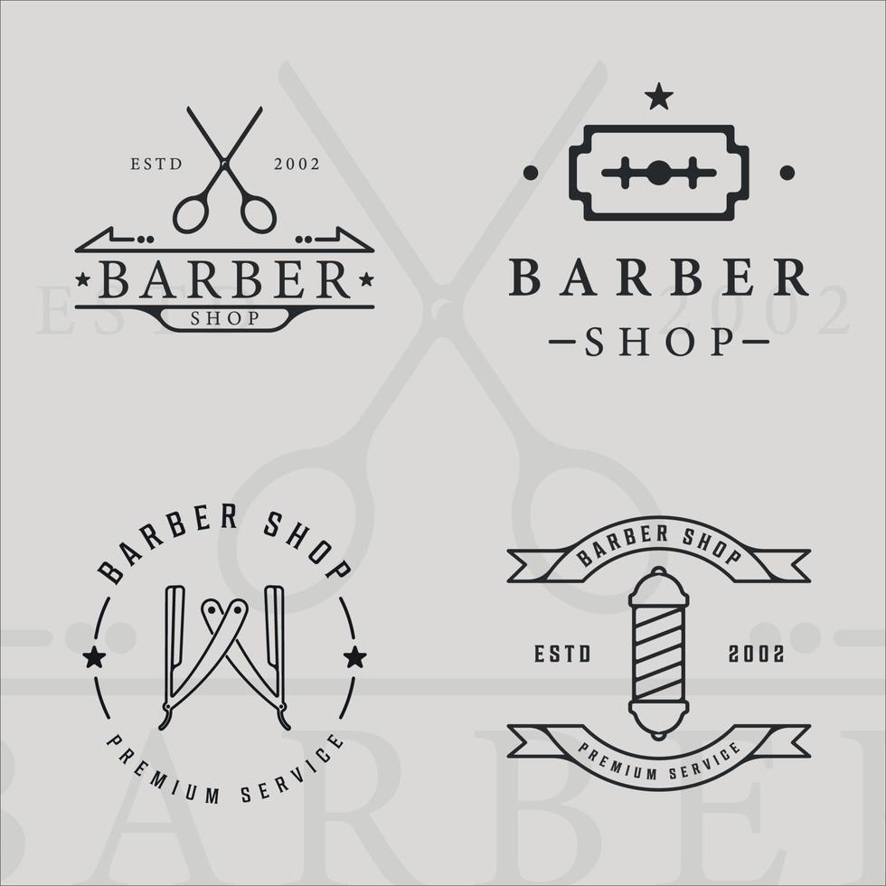 conjunto de barbearia logotipo linha arte simples ilustração vetorial minimalista modelo ícone design gráfico. coleção de pacotes de vários símbolos de barbeiro com tesoura e lâmina de barbear vetor