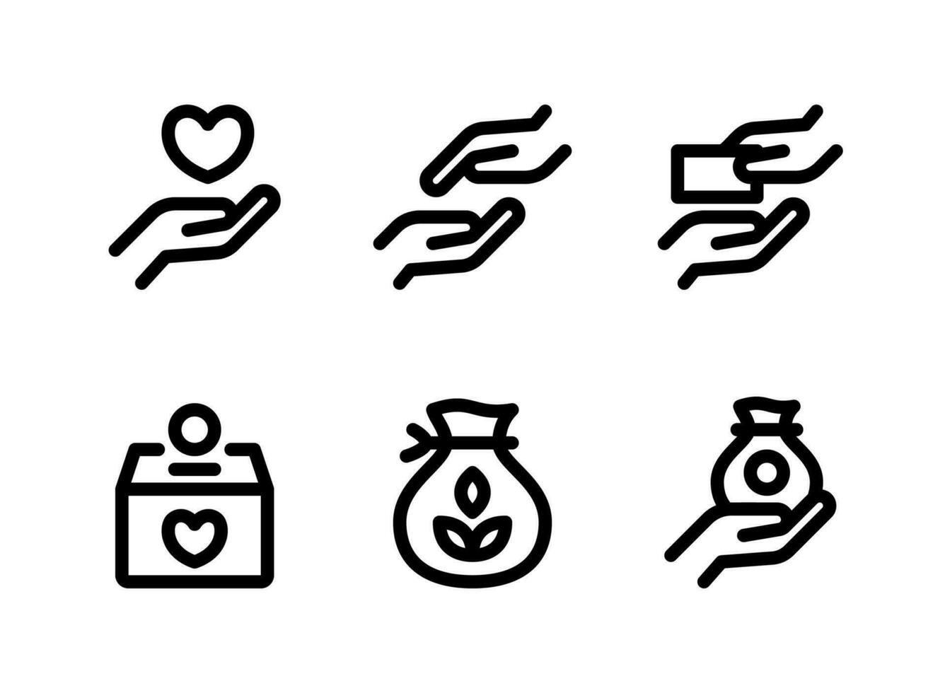 conjunto simples de ícones de linha de vetor relacionados à doação. contém ícones como mãos amigas, caixa de caridade e muito mais.