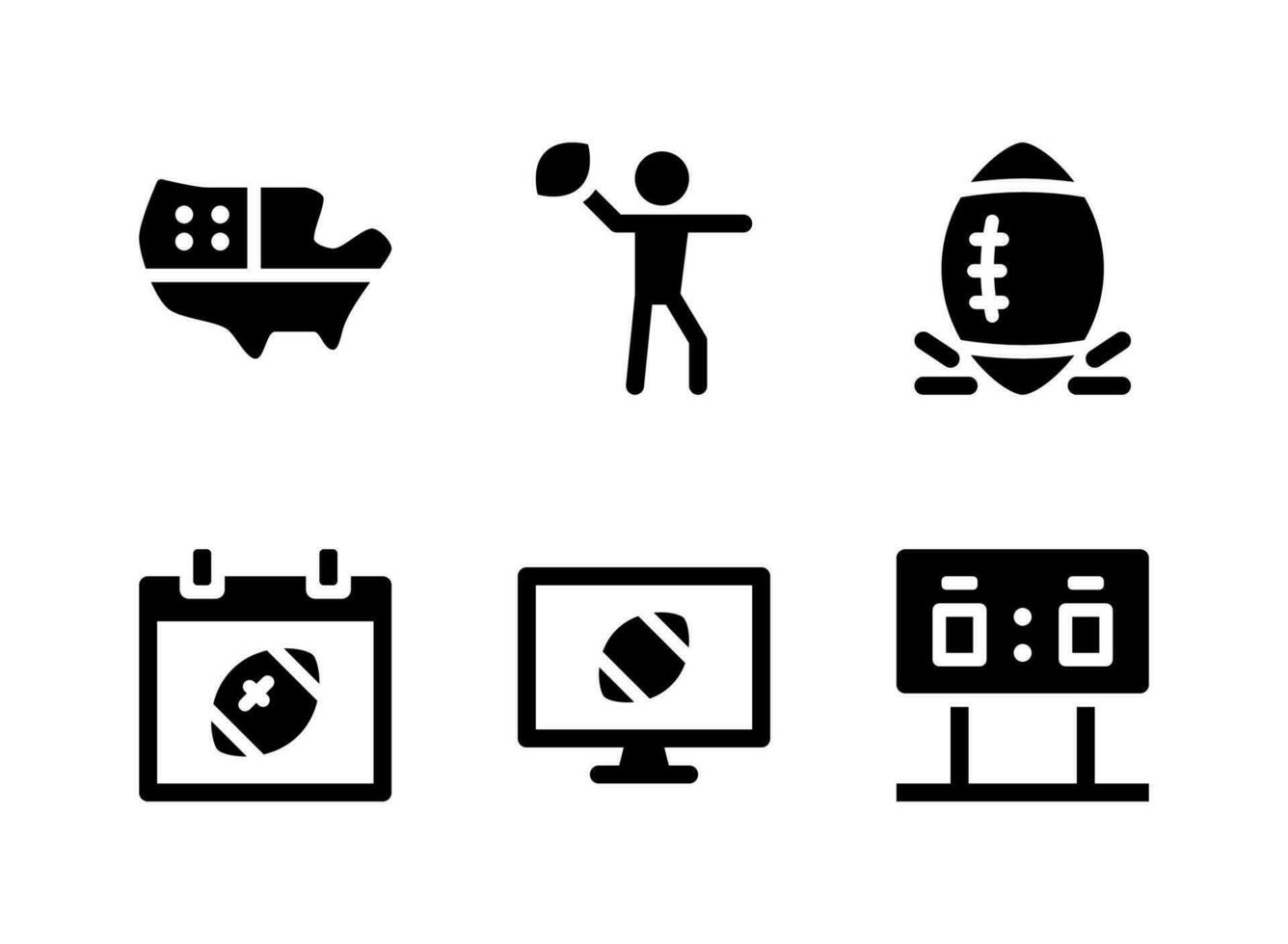 conjunto simples de ícones sólidos vetoriais relacionados ao futebol americano. contém ícones como mapa, jogador, bola e muito mais. vetor