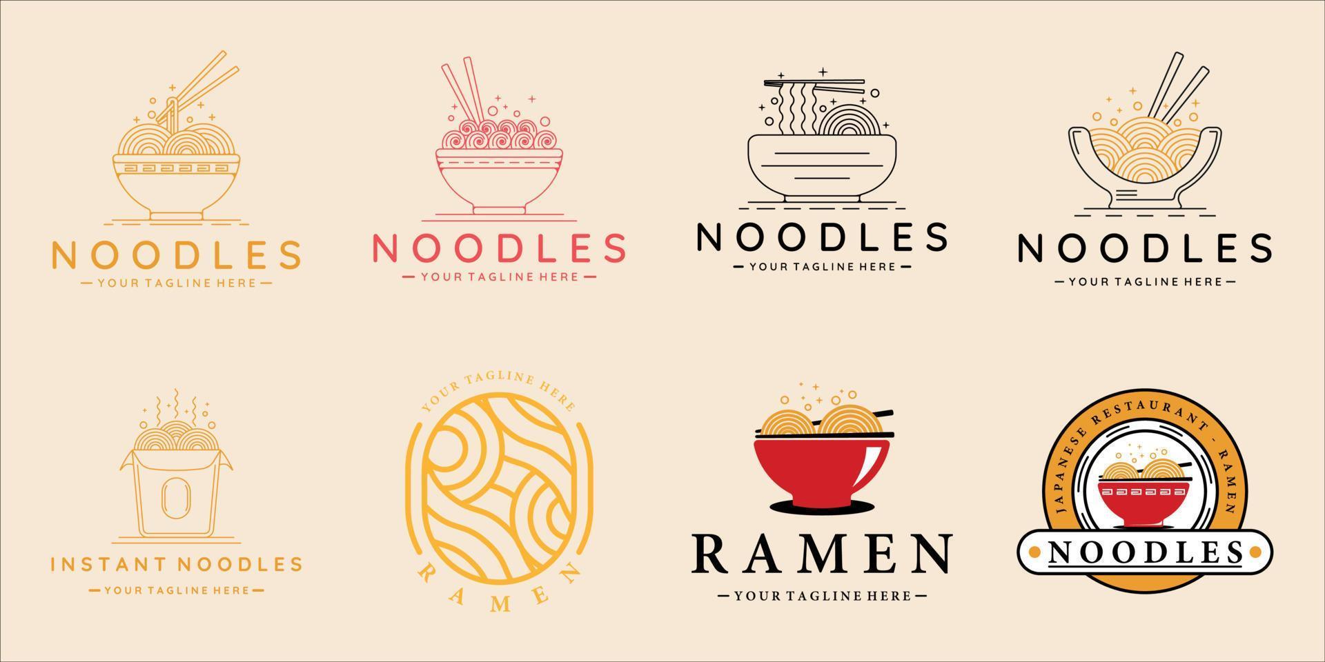 conjunto de macarrão ou ramen logotipo linha arte e design gráfico de ícone de modelo de ilustração vetorial vintage. coleção de pacotes de vários sinais ou símbolos para o conceito de comida de restaurante e café vetor