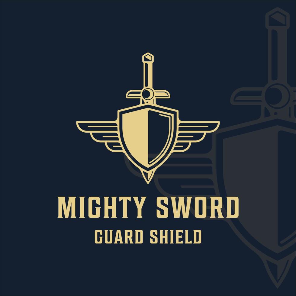 logotipo de escudo e espada com asas ilustração vetorial vintage modelo ícone design gráfico. espadas ou lâmina ou sinal de sabre e símbolo para empresa com fundos vetor