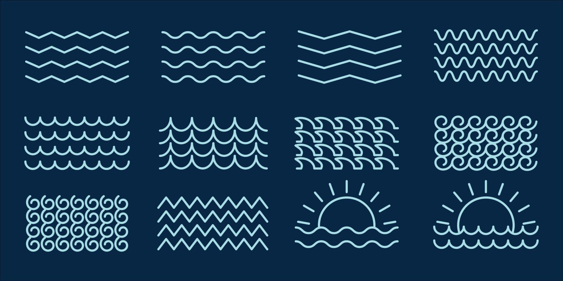 conjunto de onda ícone logotipo linha arte simples ilustração vetorial minimalista design gráfico. coleção de pacotes de vários pacotes de ondas oceânicas com sunburst vetor