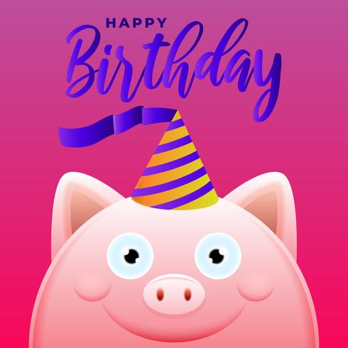 Feliz aniversário cartão com ilustração em vetor porco bonito