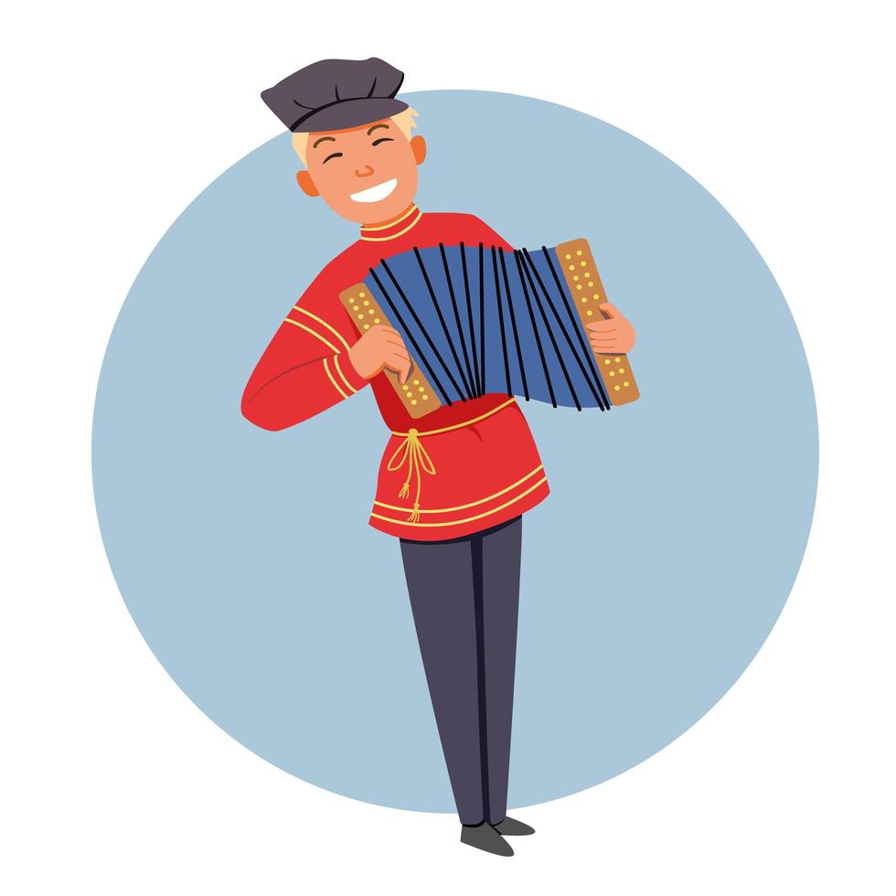 um menino bonito em roupas nacionais toca acordeão em um instrumento musical. vetor