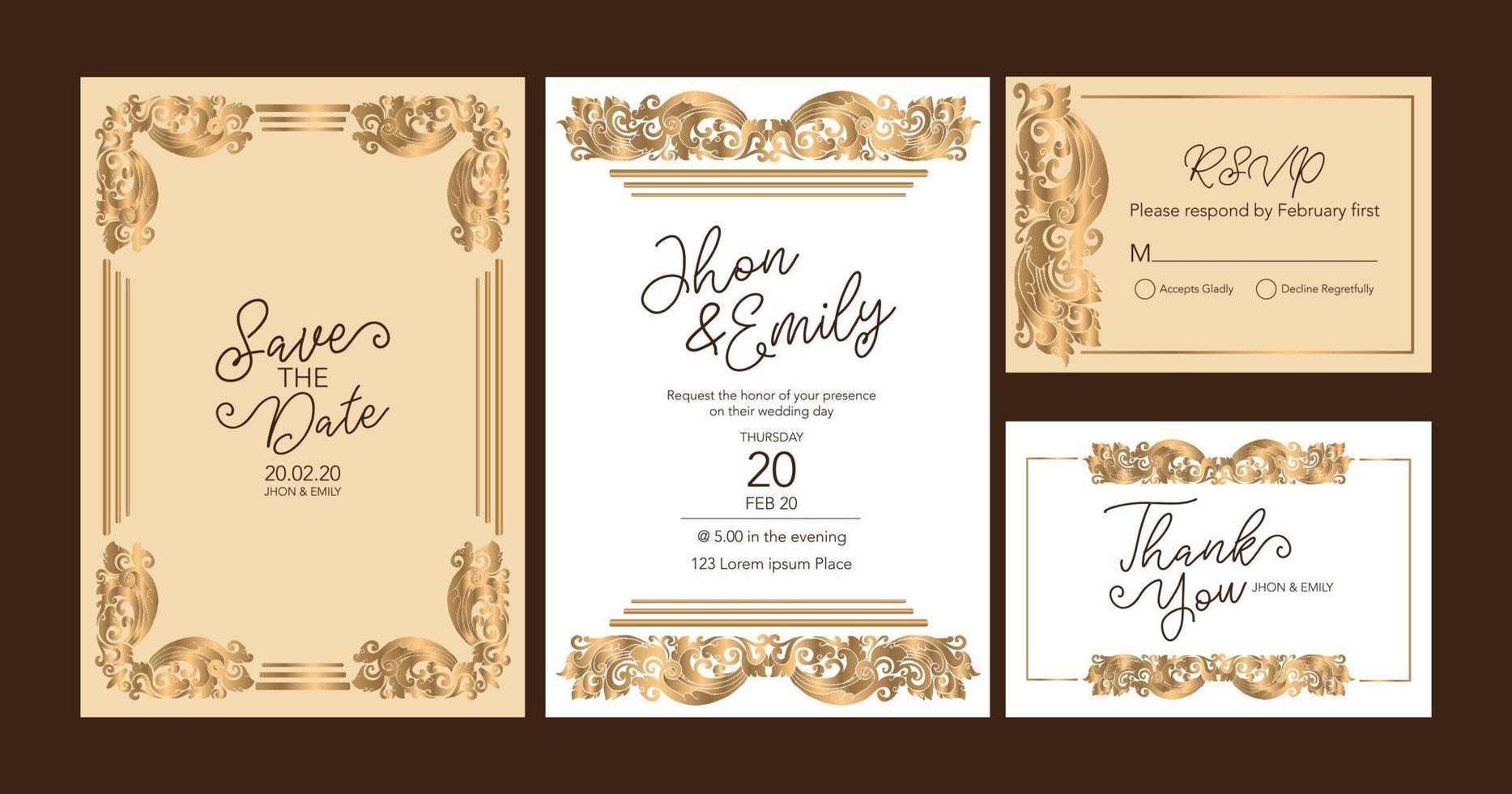 cartões de convite de casamento ouro estilo barroco. padrão vintage. ornamento vitoriano retrô. vetor