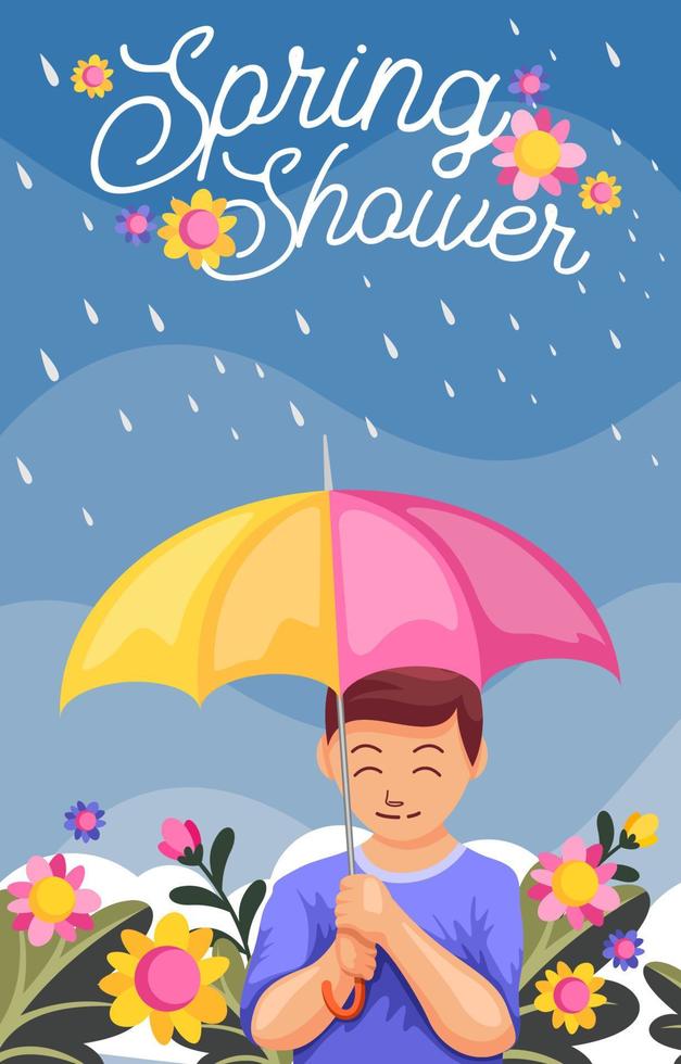 menino com guarda-chuva sob o chuveiro de primavera vetor