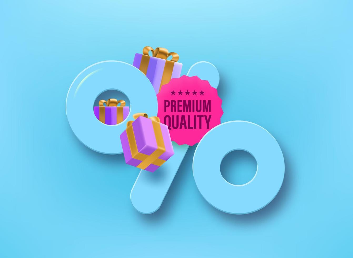 rótulo de oferta de compras com sinal de porcentagem e adesivo de qualidade premium. ilustração vetorial 3D vetor