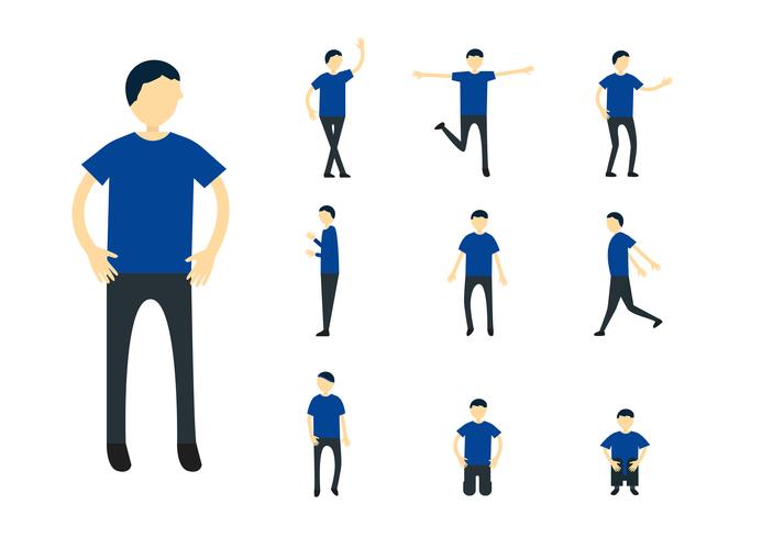 Conjunto de design de personagens de pessoa com camisa azul, isolada no fundo branco. vetor