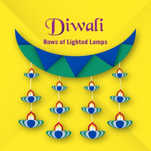 Cartão do convite para o festival de Diwali de hindu. Projeto da ilustração do vetor no estilo do corte do papel.