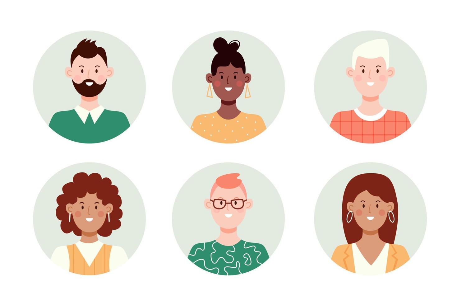 conjunto de avatar de rosto de círculo. coleção de retratos multirraciais masculinos e femininos para ícones de perfil. ilustração vetorial plana. vetor