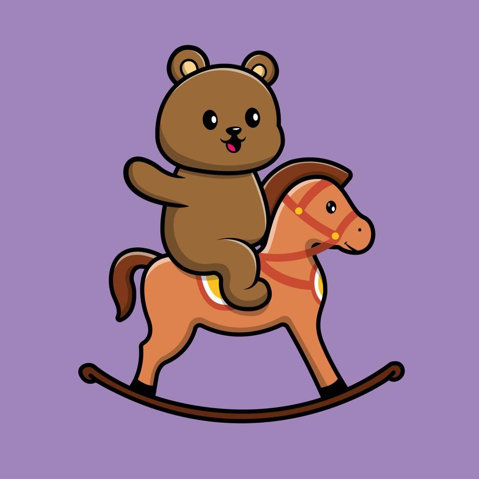 urso bonito jogando cavalo brinquedo dos desenhos animados ilustração de ícone de vetor. animal ícone conceito isolado vetor premium. estilo de desenho animado plano