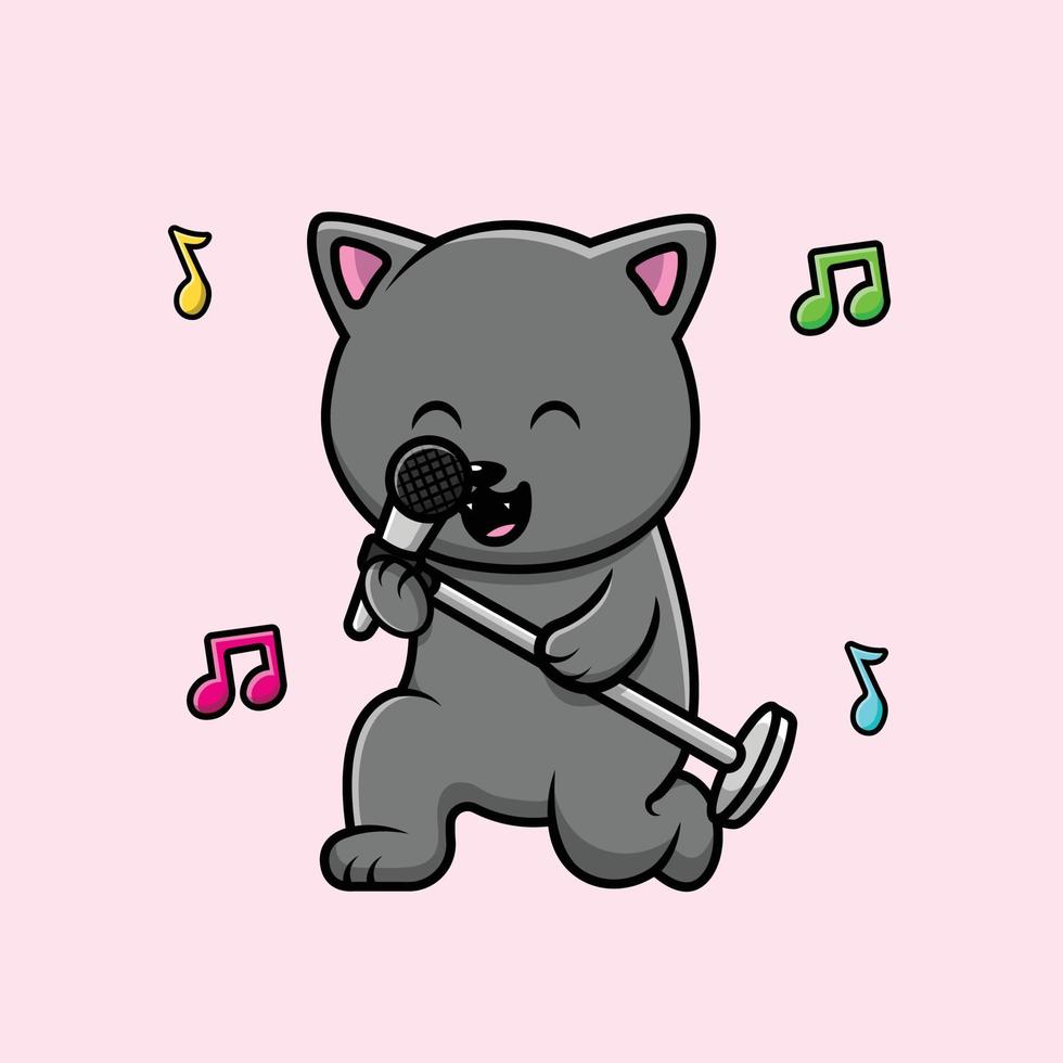 gato bonito cantando com ilustração de ícone de vetor dos desenhos animados de microfone. conceito de ícone de entretenimento animal isolado vetor premium. estilo de desenho animado plano