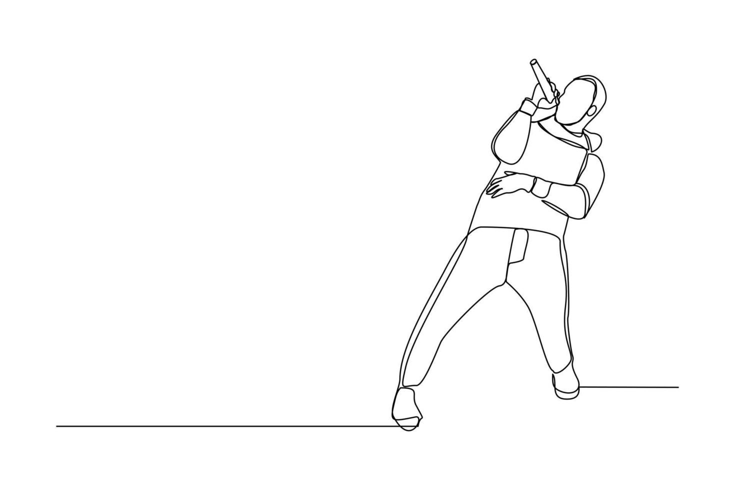 desenho de linha contínua do jovem cantor pop masculino feliz segurando o microfone cantando e pulando no palco. arte de uma linha única de ilustração em vetor de design de conceito de performance de artista de músico